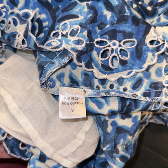 House of Harlow 1960 Blue Floral Eyelet Ruffle Dress Small Smocked Tiered A-Line - Picture 7 of 8